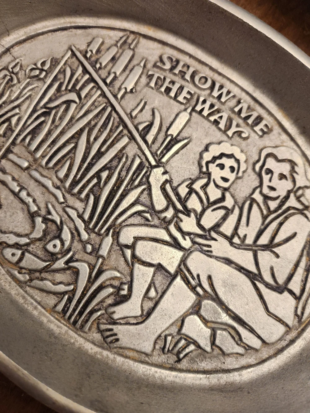 Silver-Tone Oval Decorative Serving Tray with Fishing Scene